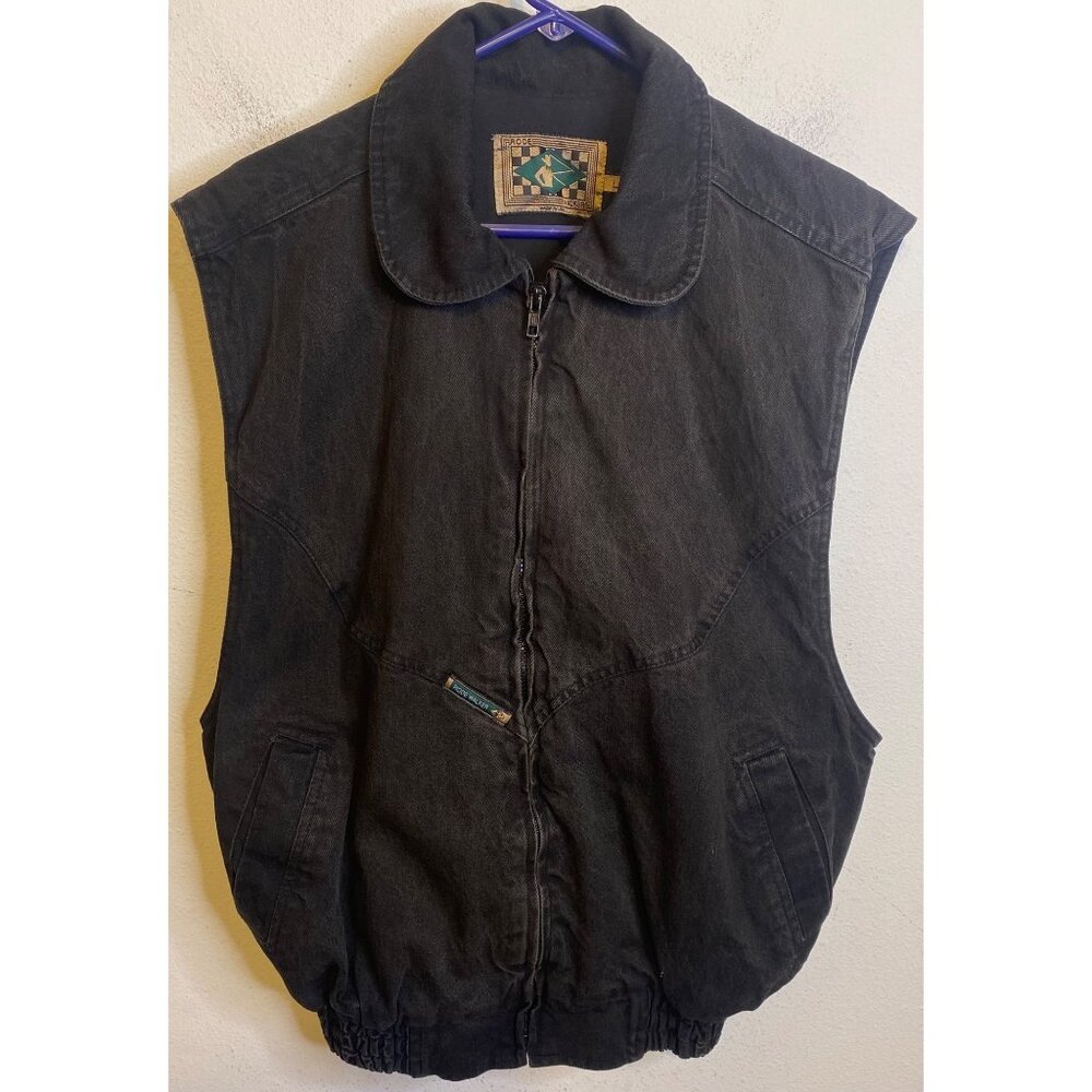 RODE WALKER Texas Black Denim Zipper Vest Horse Size LARGE Cowboy Pockets